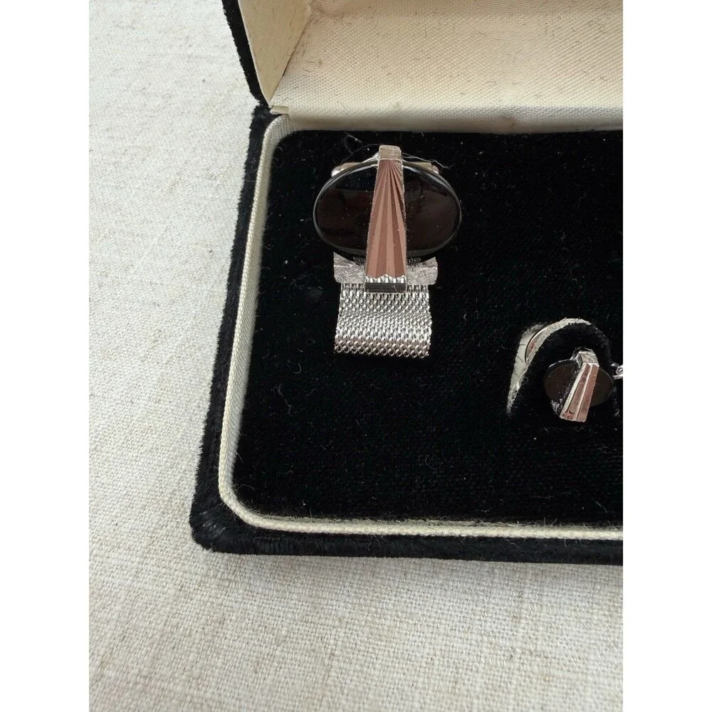 Vintage Dante Onyx Cufflinks Tie Tack Set Silver Tone Mesh Wrap w Box